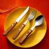 Wooden handle knife, fork and spoon combination set, stainless steel tableware, simple home style Specification image
